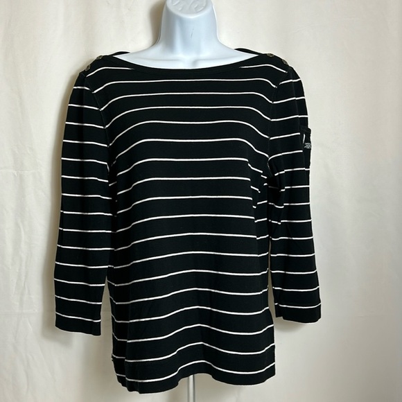 Ralph Lauren Women’s Size Large Black Quarter Sleeve Top White Horizontal Stripe - Picture 1 of 6